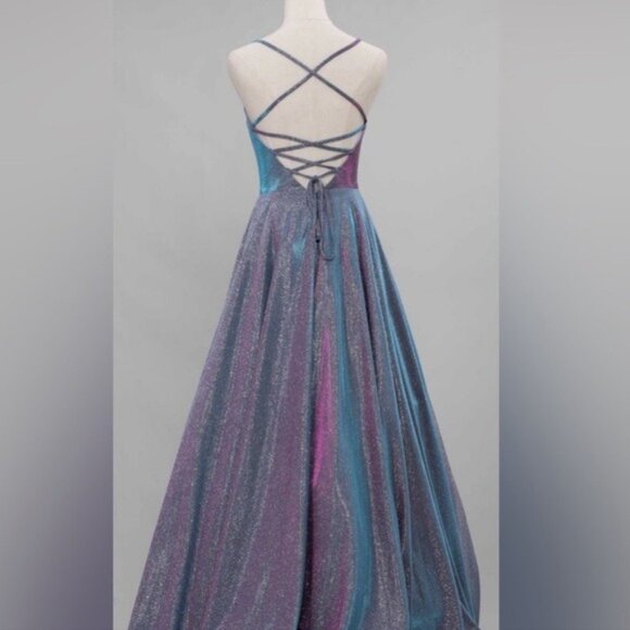 NEW Iridescent Ball Gown with Strappy Lace-Up Back Full Length Maxi Prom Dance 3 - Picture 4 of 9